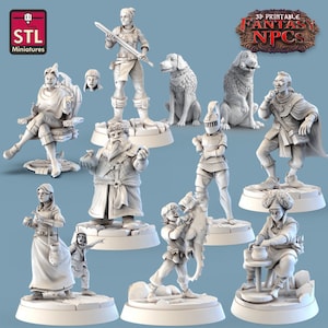 10-delige stedelingen miniatuurset DnD Fantasy NPC&#39;s, DnD, Dungeons and Dragons, tabletop RPG, Pathfinder, hondenminiatuur, stedelingen, dorpelingen