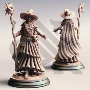 May include: Two detailed statues of a robed figure with a wide-brimmed hat and staff. The figure is wearing a layered skirt and cape. The staff has a detailed top. The statues are on decorative bases.