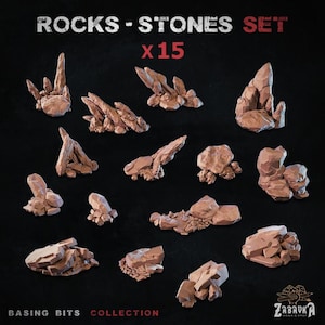 May include: A set of 15 brown and grey rock and stone miniatures for tabletop gaming. The set is called "Rocks - Stones Set x15" and is part of the "Basing Bits Collection".