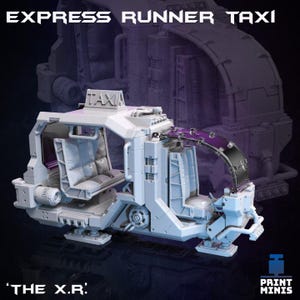 May include: A white futuristic vehicle with a transparent canopy and the word "TAXI" on the roof. The vehicle has a detailed interior with seats and a control panel. The vehicle is labelled "The X.R."