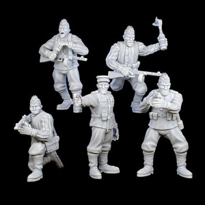May include: Five gray plastic miniature figures of soldiers wearing military uniforms and holding weapons. The figures are posed in various action stances.
