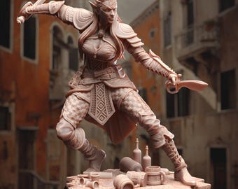May include: A detailed, hand-painted figurine of an elf warrior, holding a sword and dagger, standing on a base with scattered bottles and mugs.