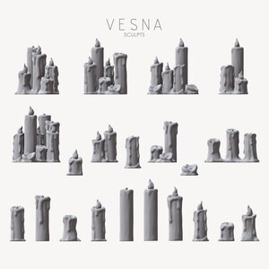May include: A set of 18 gray 3D printed candle models in various shapes and sizes. The candles are all melted and dripping wax. The candles are arranged in rows on a white background. The text "VESNA SCULPTS" is at the top of the image.