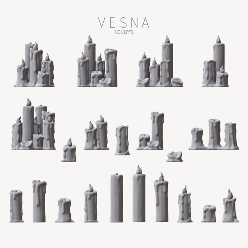 May include: A set of 18 gray 3D printed candle models in various shapes and sizes. The candles are all melted and dripping wax. The candles are arranged in rows on a white background. The text "VESNA SCULPTS" is at the top of the image.