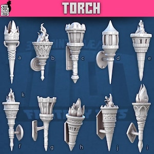 May include: A collection of eleven white torch models, each with a unique design. The torches vary in shape, with some featuring flames and others with decorative tops. The word "TORCH" is displayed in pink at the top of the image.