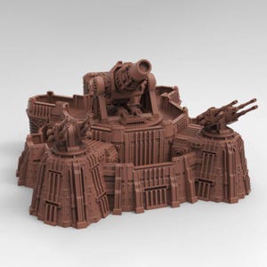 May include: A brown, detailed model of a fortress with multiple gun turrets. The central structure features a large cannon, while smaller turrets are positioned on the sides. The model has a textured surface and a futuristic design.