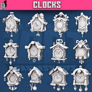 May include: A collection of twelve miniature clock models in various designs, with the word "CLOCKS" in a pink banner at the top. The clocks are gray and feature intricate details, including pendulums and decorative elements.