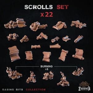 May include: A set of 22 unpainted resin scroll pieces for tabletop gaming. The set includes 17 scrolls in various shapes and sizes, and 5 burning scrolls. The scrolls are designed to be used as props or terrain pieces for role-playing games.