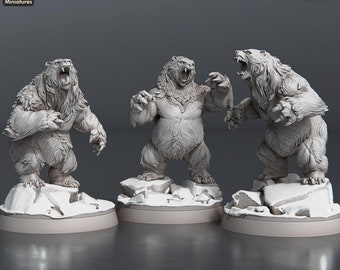 Set de 3 miniaturas de oso DnD Dungeons and Dragons 28 mm/32 mm Monstruo Guerrero TTRPG Wargame NPC Oso Gigante Druida Miniatura de Forma Salvaje para D&D