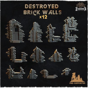 May include: Twelve pre-supported 3D printed models of destroyed brick walls. The models are designed for tabletop gaming and feature various levels of destruction and detail. The models are printed in a light gray color.