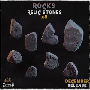 May include: Eight gray relic stones with engraved runes and symbols. The image includes the text "ROCKS RELIC STONES x8" and "DECEMBER RELEASE". The stones vary in size and shape, with a weathered appearance.