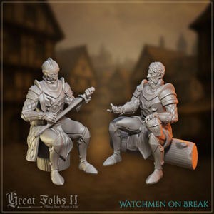 2pc Sitting Watchmen for Dungeons and Dragons 28mm/32mm TTRPG Townsfolk City Guards Village Guardsmen Wargame Figurines - GG
