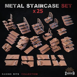 May include: A set of 25 metal staircase pieces for model building. The pieces are in various states of decay and are made of a light brown plastic. The set is labeled "METAL STAIRCASE SET x25" and "BASING BITS COLLECTION".