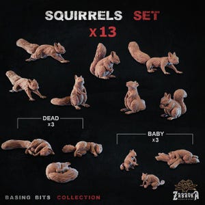 May include: A set of 13 brown squirrel figurines in various poses, including standing, running, and curled up. The set includes baby and dead squirrel figurines. The text "SQUIRRELS SET x13" is at the top. The text "DEAD x3" and "BABY x3" are also included.