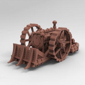 May include: A brown, metal, steampunk-style model of a tractor with a large, detailed engine and a scoop in the front. The tractor has two large wheels with spokes and a smaller, track-like wheel in the back.