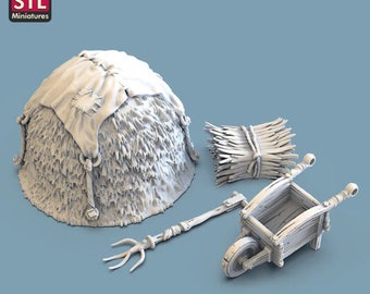 May include: A set of three miniature 3D printed models for tabletop gaming. The set includes a hay bale hut, a bundle of hay, and a wheelbarrow.