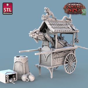 May include: A 3D printed model of a fantasy siege weapon, a cart with a dragon head and cannons, with a roof and a dragon tail. The cart has a wooden barrel, a box of explosives, and three bombs.