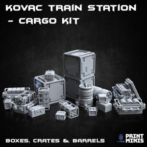 SciFi Boxes, Barrels and Crates for Cargo Scatter Terrain DnD Dungeons and Dragons TTRPG Wargame Crate Miniatures for train station scenery