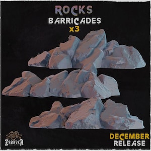May include: Three sets of gray rock barricades are displayed against a dark background. The text "ROCKS BARRICADES x3" is at the top, with "DECEMBER RELEASE" at the bottom. The Zabaka logo is in the lower left corner.