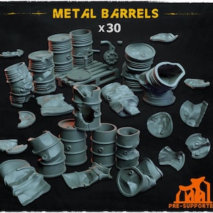 May include: A set of 30 metal barrels in various states of disrepair, including whole barrels, broken barrels, and pieces of barrels. The barrels are gray and have a metallic texture. The image includes the text "METAL BARRELS x30".