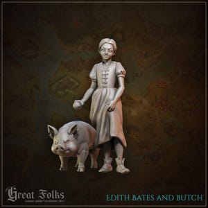 Edith Bates DnD Dungeons and Dragons 28mm/32mm Little Girl and her Pig TTRPG Fantasy Wargame Townsfolk NPC Miniature Villager Farm Animal