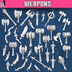 May include: A collection of 3D-printed fantasy weapons, including axes, swords, hammers, and daggers. The weapons are white and arranged against a dark blue background. The word "WEAPONS" is displayed in large pink letters.