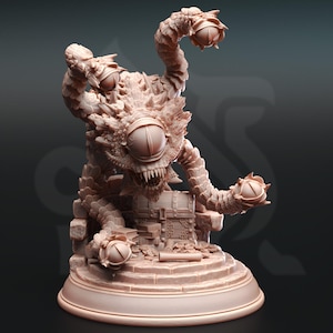 May include: A 3D printed miniature of a monstrous creature with multiple eyes and tentacles, guarding a treasure chest. The creature is perched on a stone base with a brick pattern.