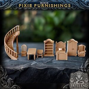 May include: A collection of miniature, tan-colored furniture pieces, including a spiral staircase, table, chair, bed, bookshelf, wardrobe, and armchair. The image has the text "MINIS PIXIE FURNISHINGS" at the top.