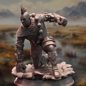 May include: A gray, detailed miniature figurine of a warrior with a mohawk, wearing armor and holding a rock in his hand. The figurine is posed in a kneeling position, with one arm raised and the other resting on the ground. The figurine is set on a rocky base.