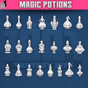 May include: A collection of silver-colored potion bottles with various designs. The image includes bottles with ornate shapes, skull motifs, and the text "MAGIC POTIONS" at the top. The bottles are labeled with letters.
