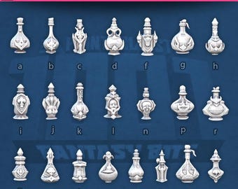 May include: A collection of twenty-three miniature grey potion bottles arranged in three rows, labeled with letters a through o. Each bottle features a unique shape, including rounded, tapered, and ornate designs with stoppers.