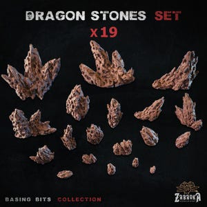 May include: A set of 19 brown and grey resin dragon stones, perfect for adding a fantasy element to your tabletop gaming terrain. The stones are in various shapes and sizes, with some resembling jagged rocks and others more like crystals. The set is labeled "Dragon Stones Set x19" and "Basing Bits Collection".