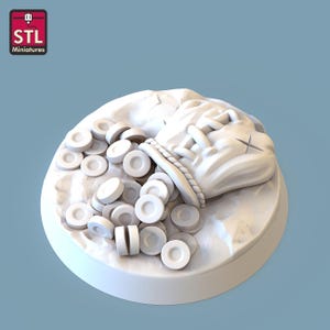 May include: A white, 3D printed miniature of a tipped-over bag of coins. The bag is made of cloth and has a rope tie. The coins are spilling out of the bag onto a round base.