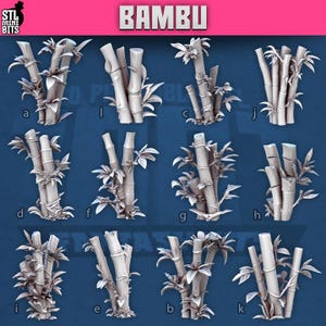 May include: A collection of bamboo plant models in various arrangements. The plants are light gray with detailed textures, featuring segmented stalks and leafy foliage. The word "BAMBU" is displayed in a pink box at the top. The image has a dark blue background.