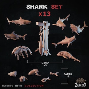 May include: A collection of 13 shark models, including three "dead" sharks hanging from a wooden structure and five "parts". The models are various shades of brown and tan, with detailed textures. The text "SHARK SET" and "BASING BITS COLLECTION" are visible.
