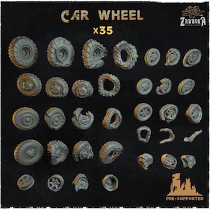 May include: A collection of 35 gray car wheels in various designs, including intact, damaged, and rim-only styles. The text "CAR WHEEL x35" is displayed at the top. The image also includes the text "PRE-SUPPORTED" and a logo.