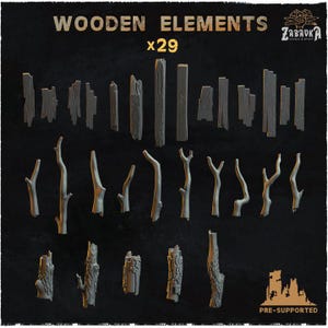 May include: A set of 29 pre-supported 3D printed wooden elements for tabletop gaming or miniature building. The set includes various shapes and sizes of wood planks, branches, and logs.