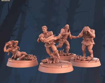 4pc Panicked Villagers Miniature Set, 28mm/32mm Townsfolk NPCs, Resin