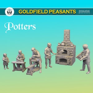 May include: A set of five miniature figures depicting potters at work. The figures are made of gray plastic and show a variety of tasks, including throwing clay on a wheel, firing pottery in a kiln, and carrying finished pieces. The figures are part of the Goldfield Peasants collection by Evocatus Miniature.
