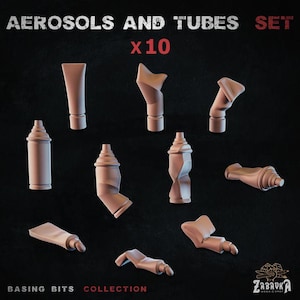 May include: A collection of ten beige aerosol cans and tubes, displayed against a dark backdrop. The image features a variety of shapes and sizes. The text "AEROSOLS AND TUBES SET x10" is at the top. The words "BASING BITS COLLECTION" are at the bottom.