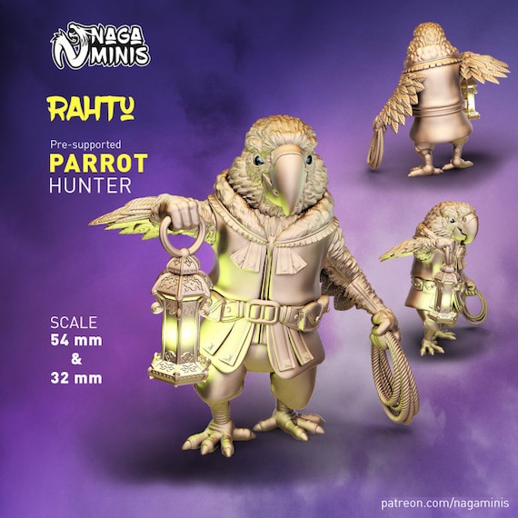 Parrot Miniature, DnD, Parrot Folk Hunter, Dungeons and Dragons, Tabletop RPG Minis, 28mm, 32mm, 54mm Scales, Cute Minis, Naga Minis