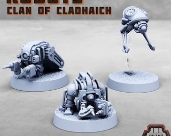 Little Robots Set of Three, Clan of Cladhaich Robot Companions, 28mm 32mm Sci-Fi Resin - Print Minis