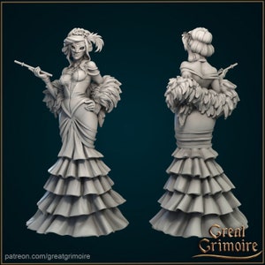 May include: A 3D printed figurine of a woman wearing a long, flowing gown with a feathered boa and a masquerade mask. She is holding a cigarette holder in one hand and has a confident expression on her face.
