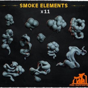 Op de afbeelding: Elf verschillende 3D-modellen van rook in verschillende vormen en maten. De modellen zijn gerenderd in donkergrijs op een zwarte achtergrond. De tekst "SMOKE ELEMENTS x11" wordt bovenaan de afbeelding weergegeven.