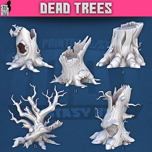 May include: A collection of five detailed, white, dead tree models. Each model features unique textures and shapes, including hollowed trunks and exposed roots. The image includes the text "DEAD TREES" at the top.