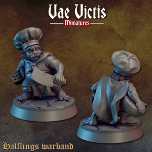 May include: A grey plastic miniature of a halfling chef holding a cleaver and a dice. The miniature is standing on a round base. The miniature is part of a set of halfling miniatures.