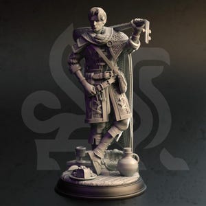 May include: A detailed, gray, 3D printed figurine of a man in medieval clothing. He is holding a lute and wearing a long coat, a belt, and a scarf. He is standing on a round base with a textured surface.