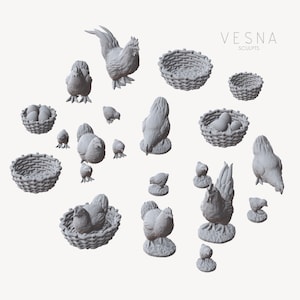 May include: A collection of gray ceramic figurines of chickens and nests. The figurines include a rooster, hens, chicks, and nests with eggs. The figurines are all in a neutral gray color and are arranged on a white background. The text "VESNA SCULPTS" is visible in the upper right corner of the image.