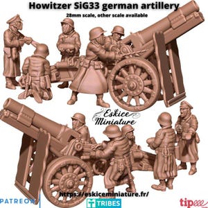 Howitzer sIG33 with Crew WW2 – 15mm 20mm 28mm 32mm 1 35 Scale – German Artillery Miniature Set for Wargames – Eskice Miniature