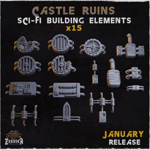 May include: A set of 15 sci-fi building elements, including castle ruins, walls, and towers. The elements are made of a gray plastic material and are designed to be used in tabletop games or dioramas. The set is labeled "Castle Ruins Sci-Fi Building Elements x15 January Release".